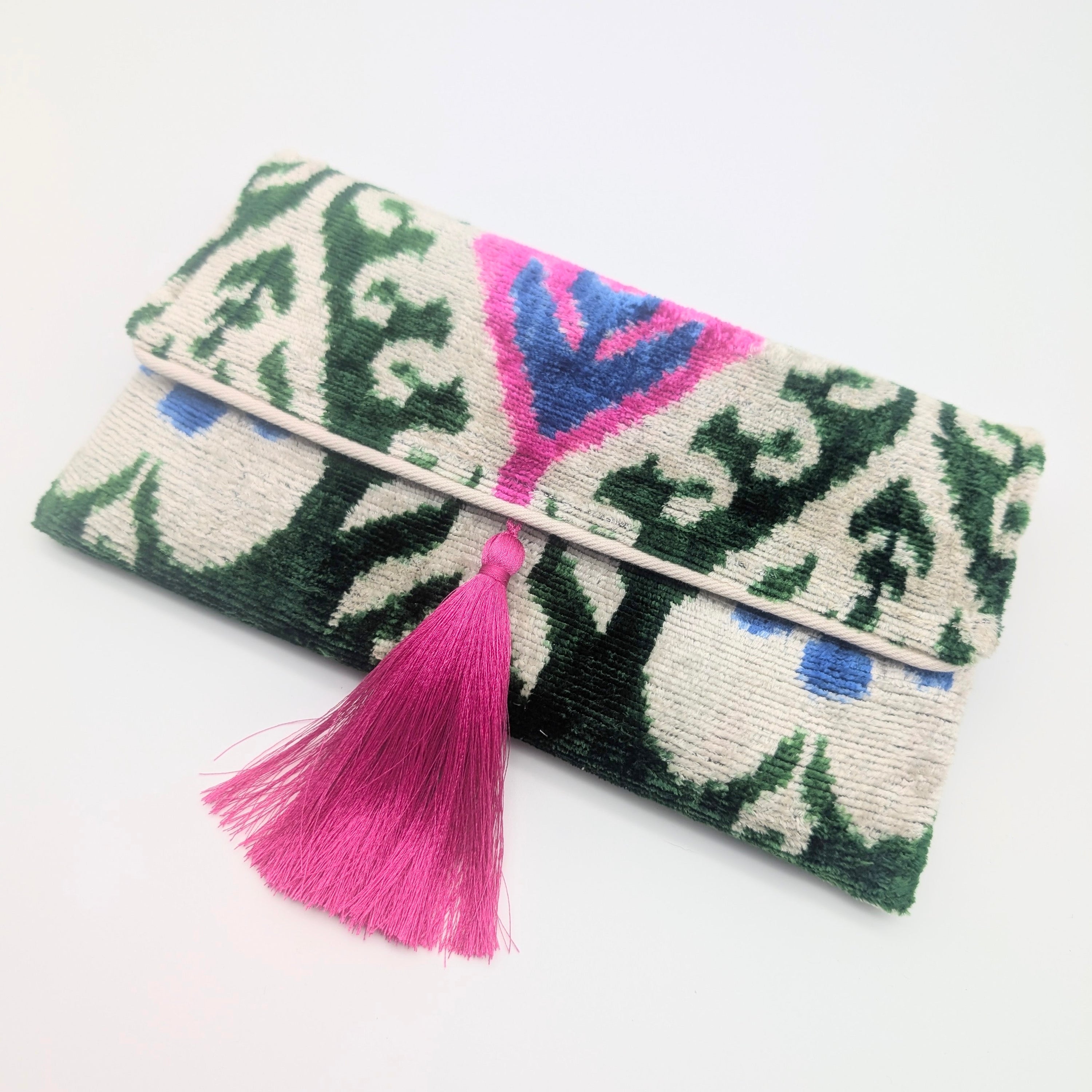 IKAT_VELVET_CLUTCH_ADELE_Green_Pink_White