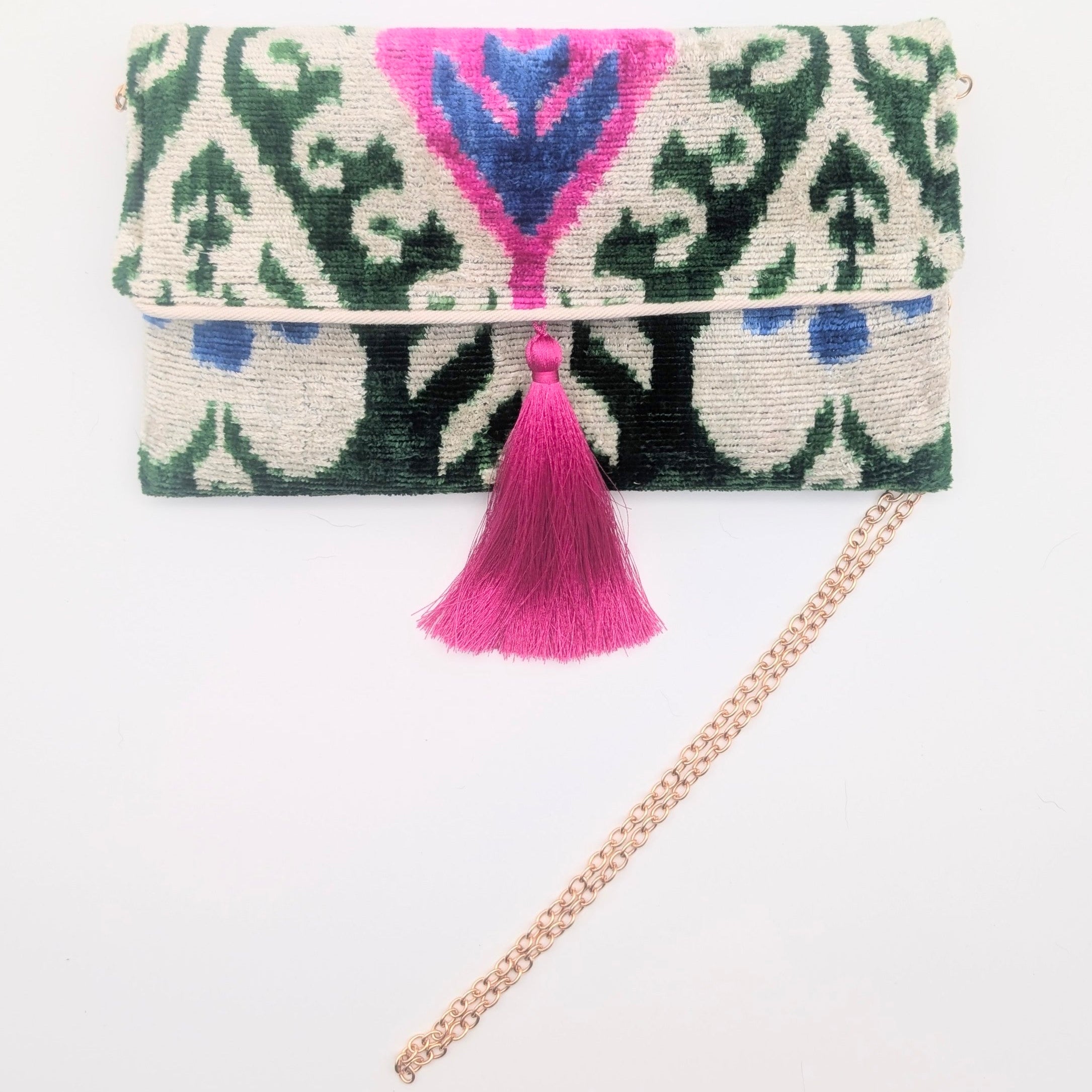 IKAT_VELVET_CLUTCH_ADELE_Green_Pink_White
