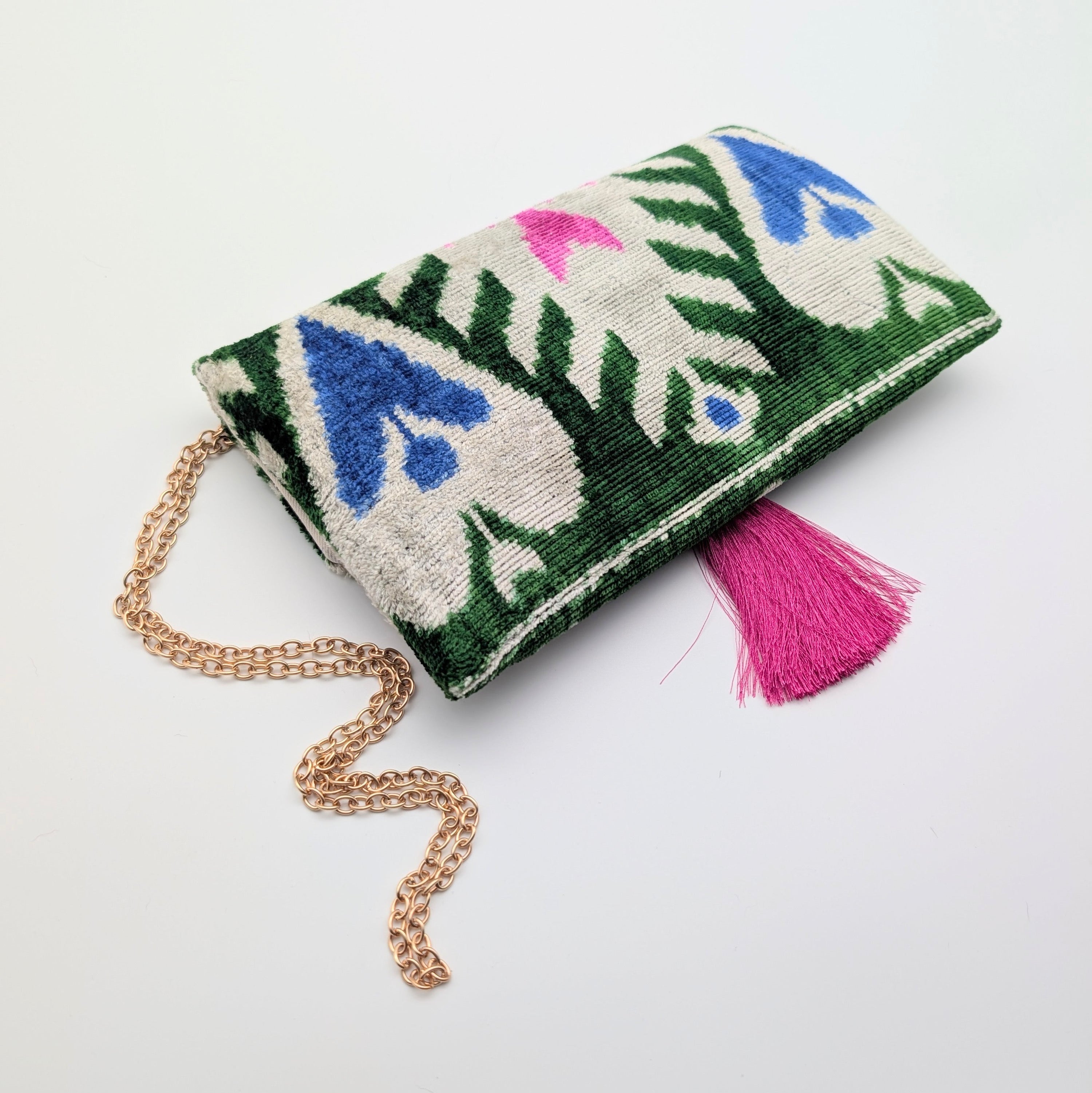 IKAT_VELVET_CLUTCH_ADELE_Green_Pink_White