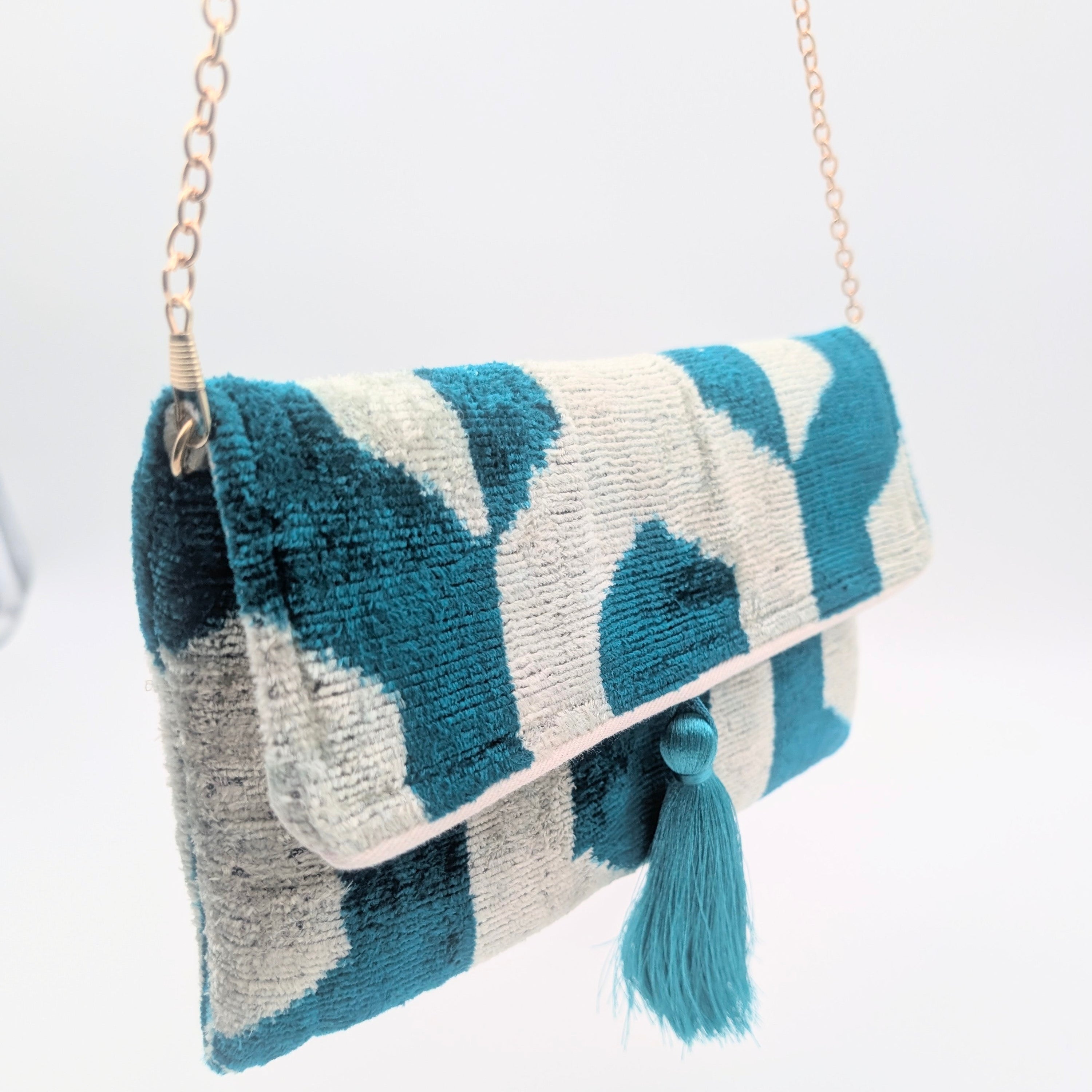 IKAT VELVET CLUTCH FLORENCE Petrol White Graphic