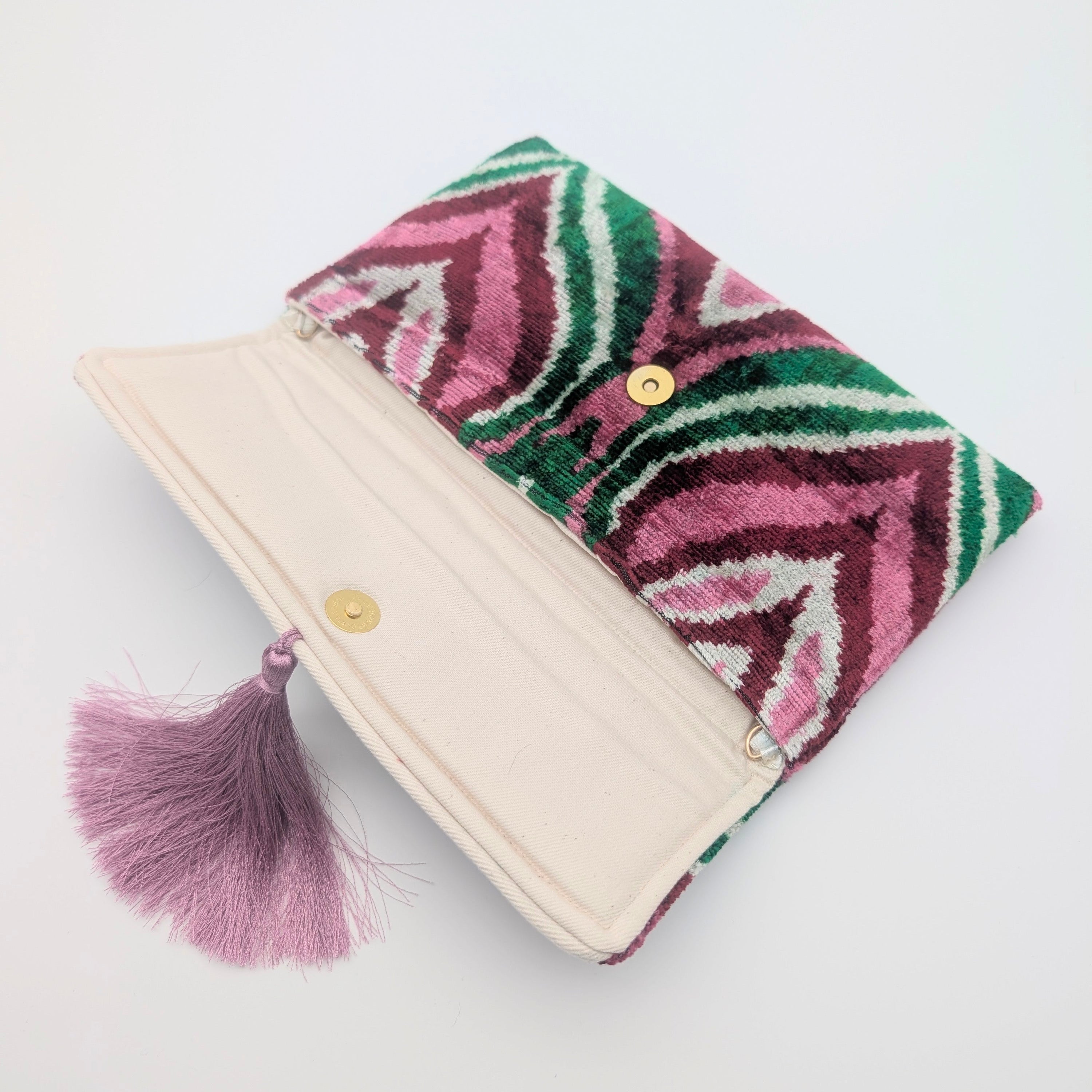 IKAT VELVET CLUTCH ISABEL Pink Green Burgundy