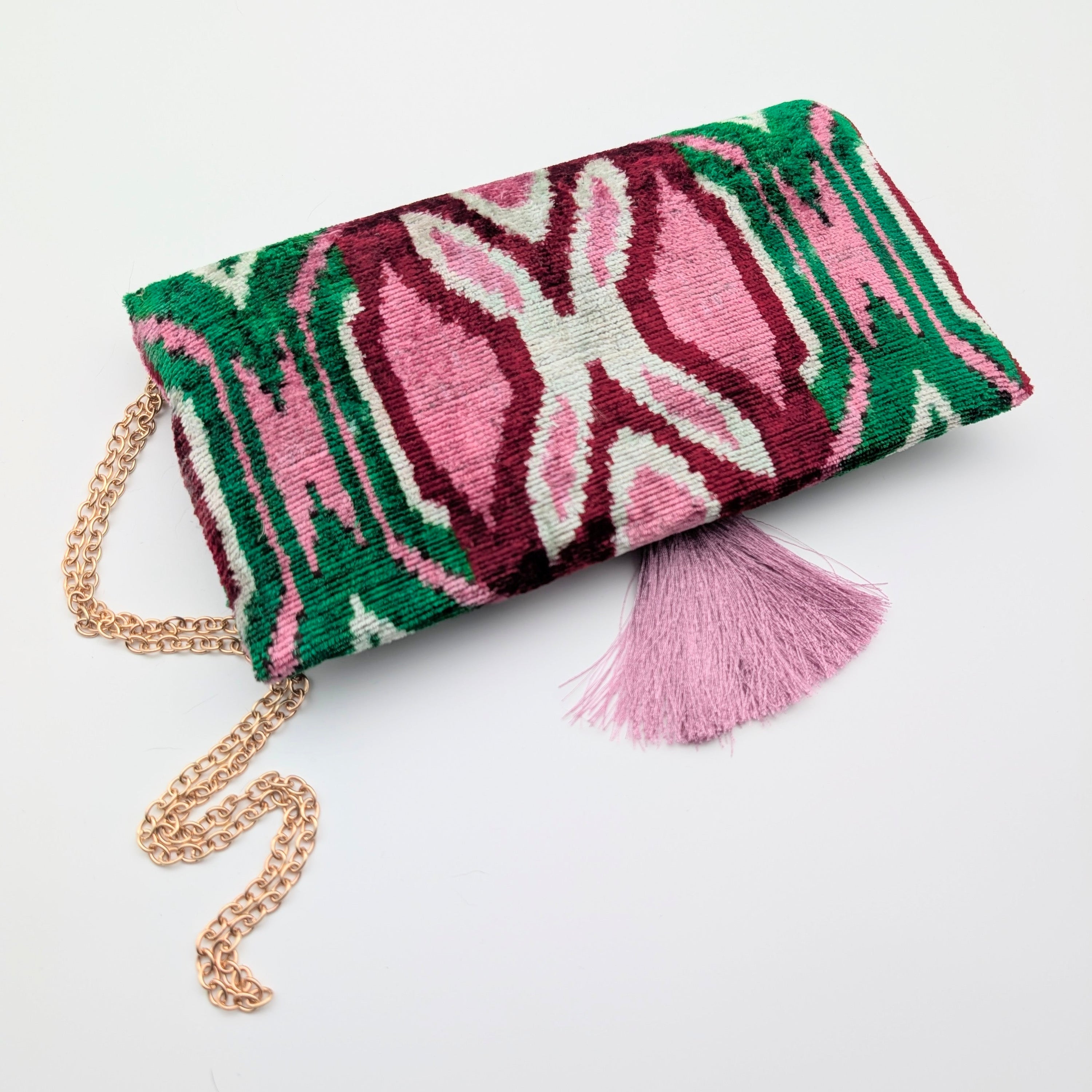 IKAT VELVET CLUTCH ISABEL Pink Green Burgundy