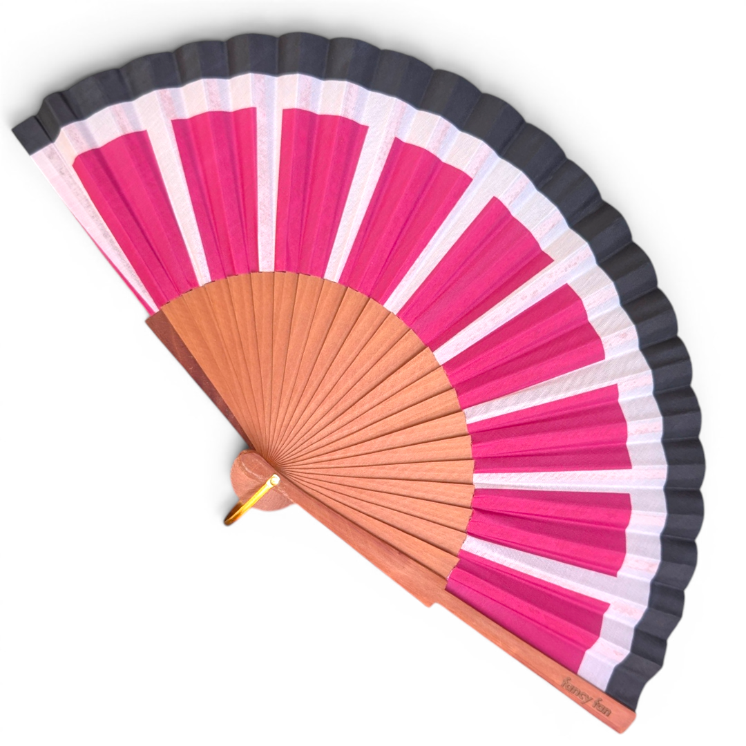 LE BAZAR INOUI SUN RAYS Handfächer aus Holz und pink-weiß-schwarzem Stoff mit elegantem geometrischem Design