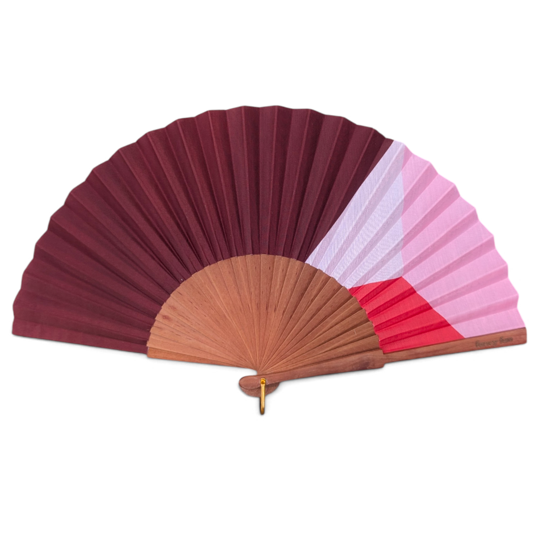 LE BAZAR INOUI HORIZON Faltfächer aus Holz und Stoff in Rot, Rosa und Burgunder mit geometrischem Design