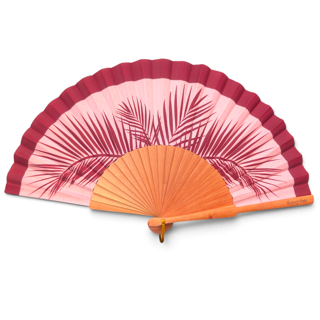 LE BAZAR INOUI Faltfächer aus Holz und rosa Stoff mit Palmenblatt-Print für heiße Sommertage