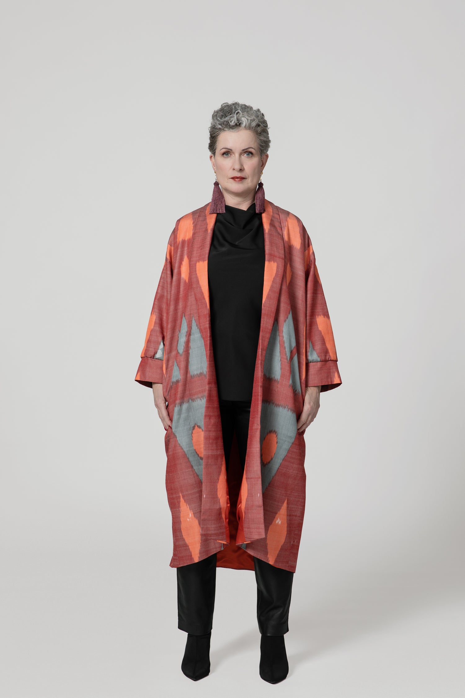 IKAT SILK OVERSIZE COAT Triangle Garnet