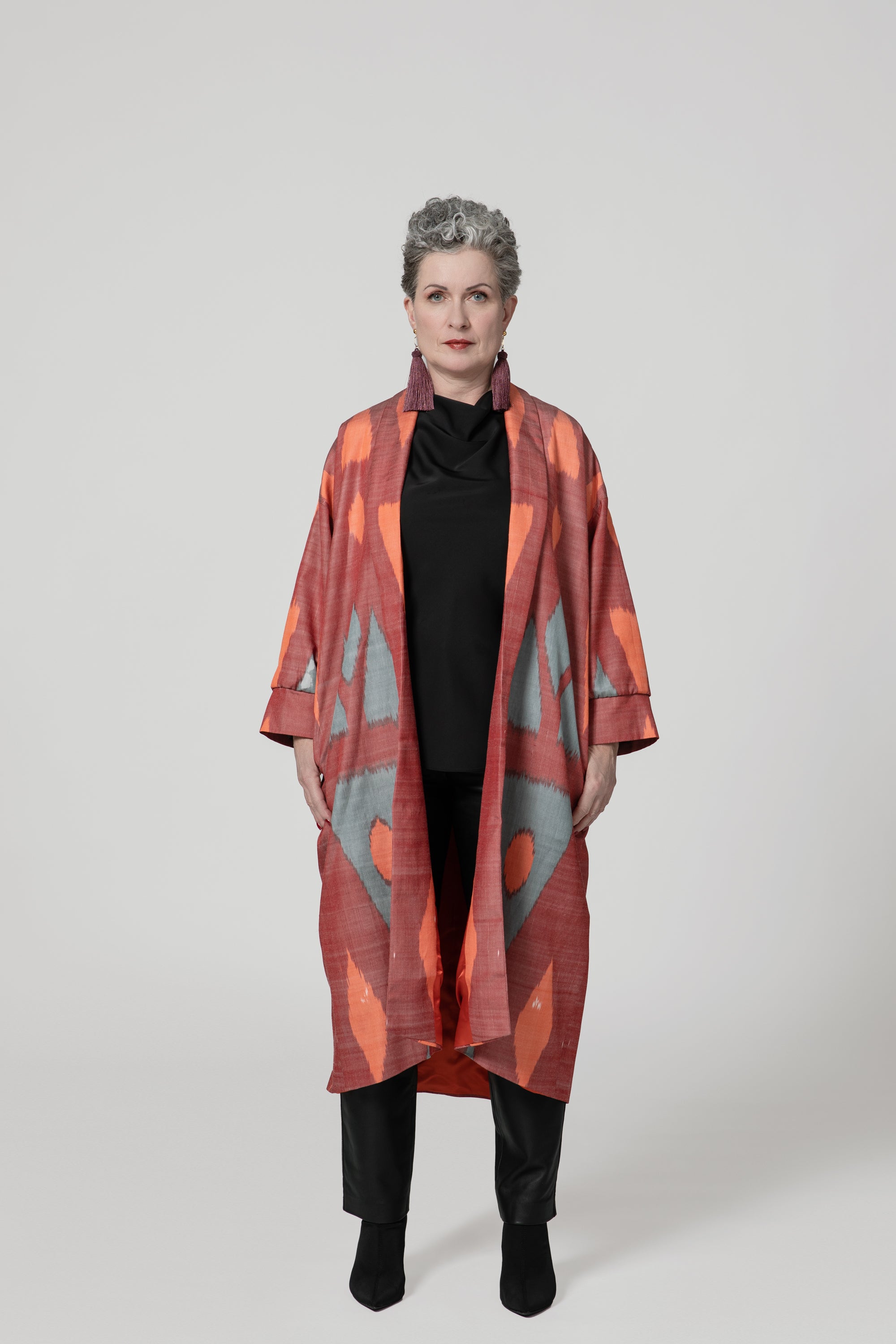IKAT SILK OVERSIZE COAT Triangle Garnet