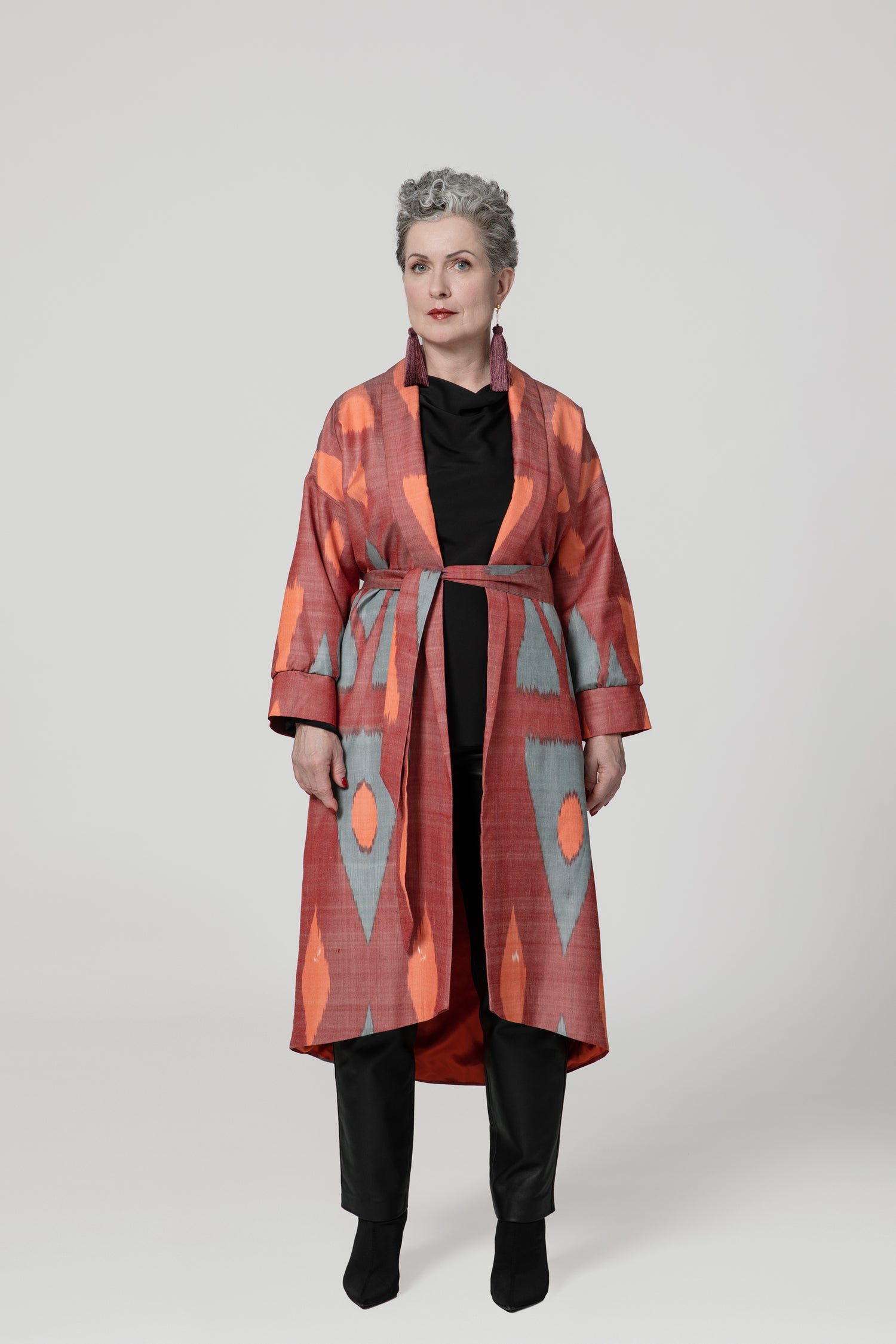 IKAT SILK OVERSIZE COAT Triangle Garnet