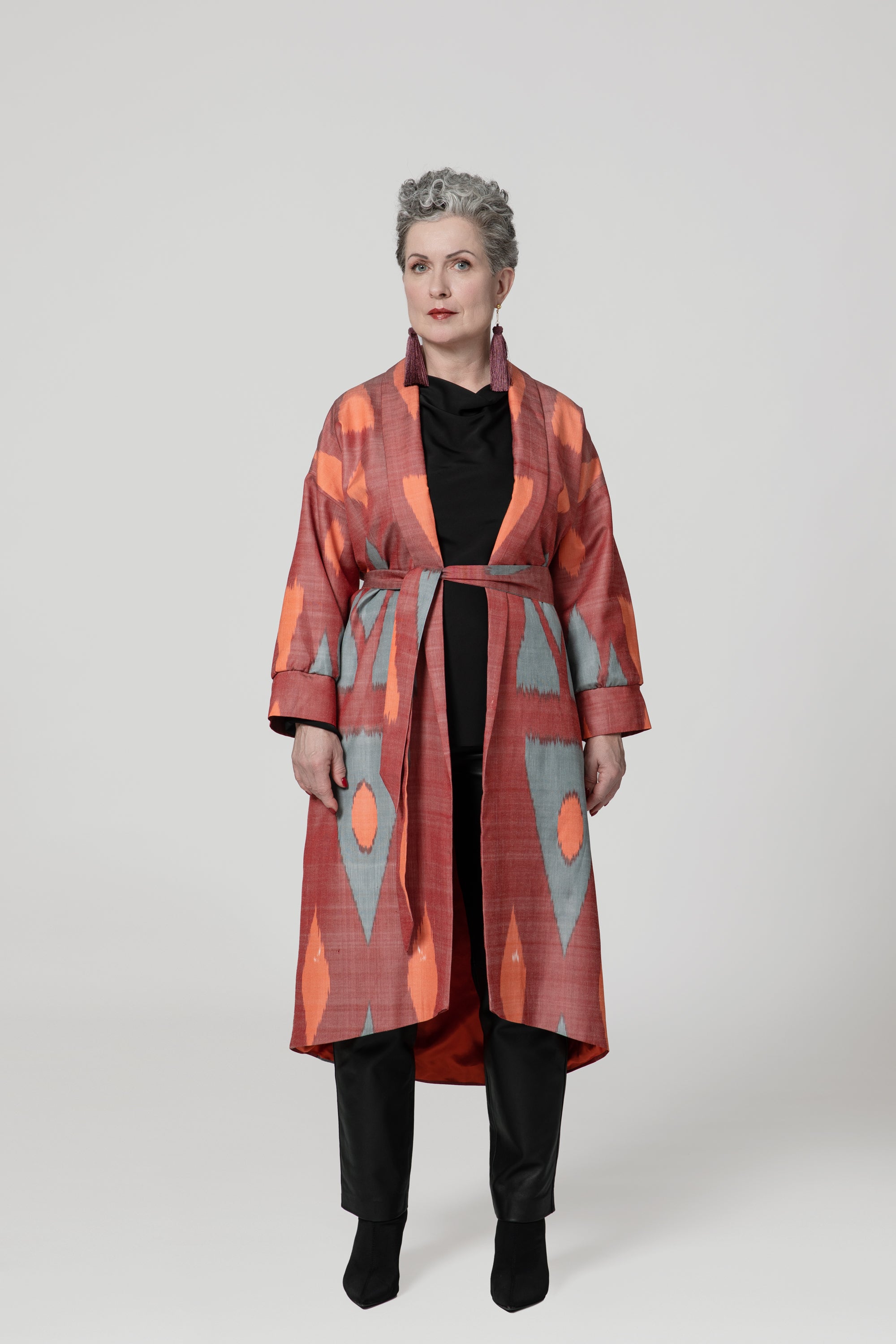IKAT SILK OVERSIZE COAT Triangle Garnet