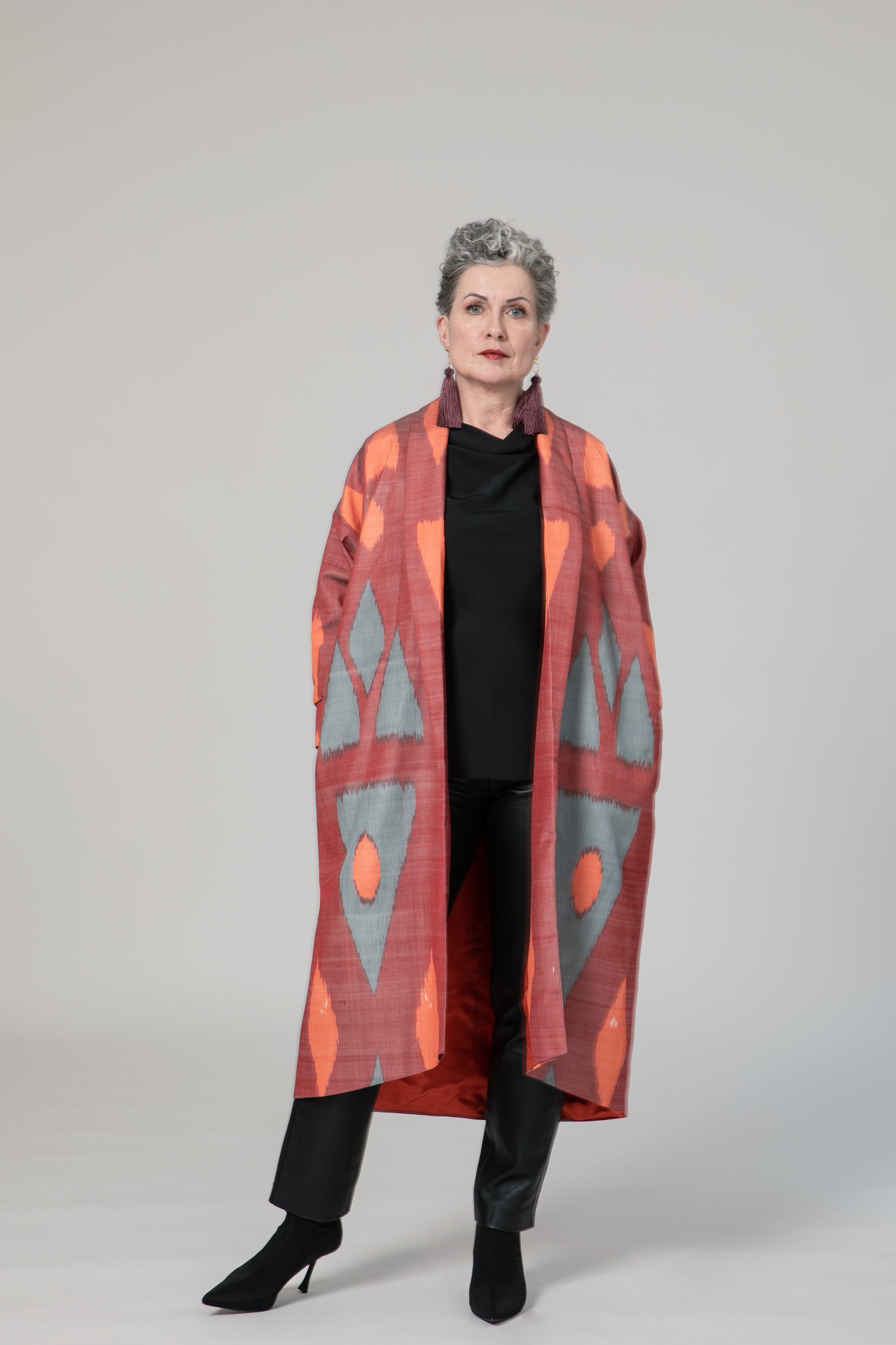 IKAT SILK OVERSIZE COAT Triangle Garnet