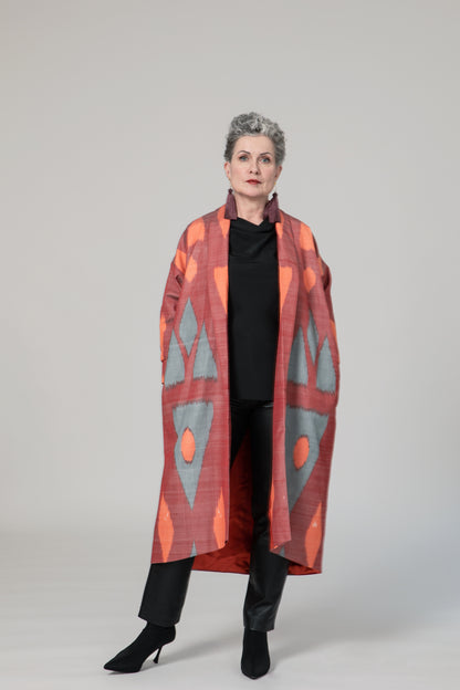 IKAT SILK OVERSIZE COAT Triangle Garnet