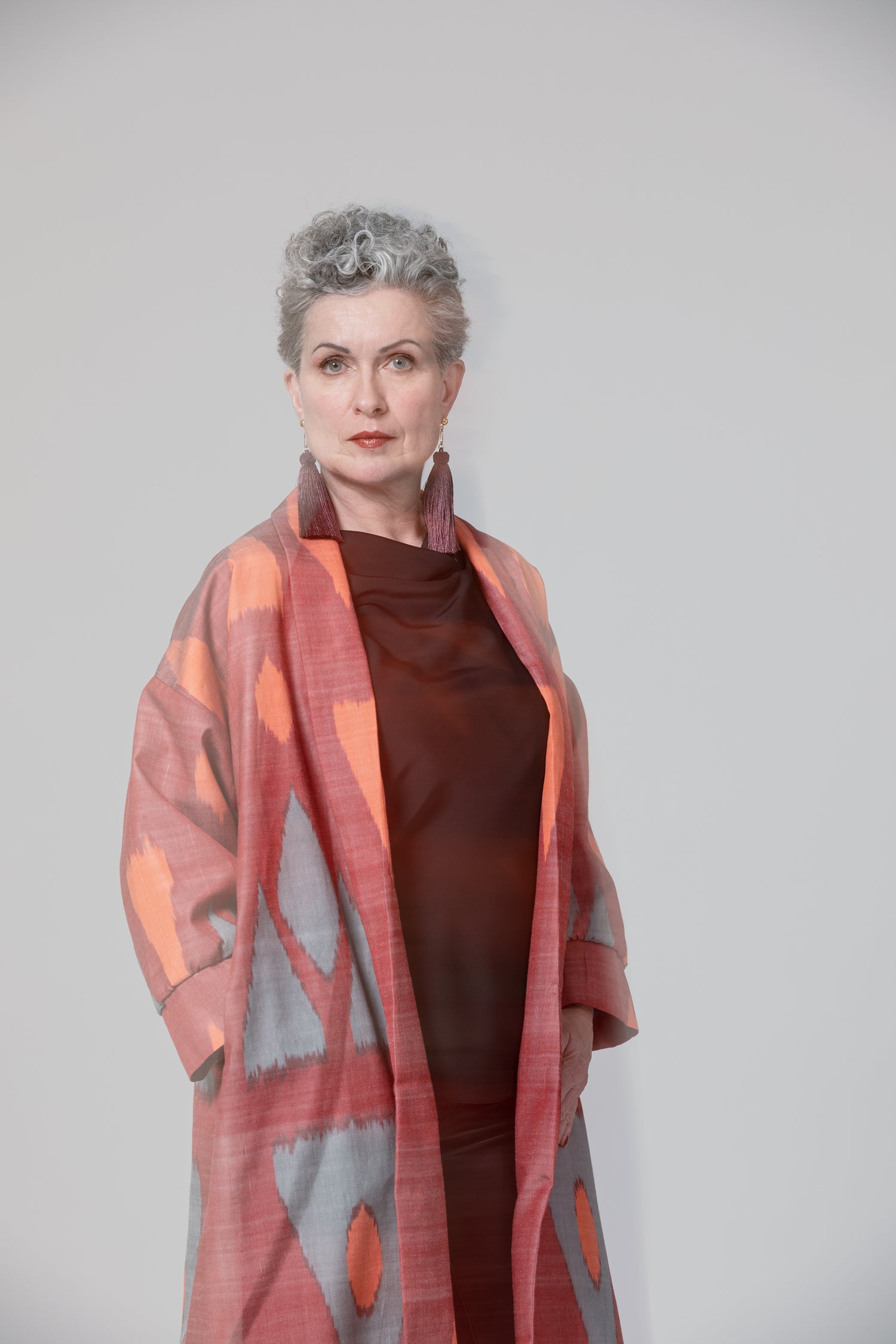 IKAT SILK OVERSIZE COAT Triangle Garnet
