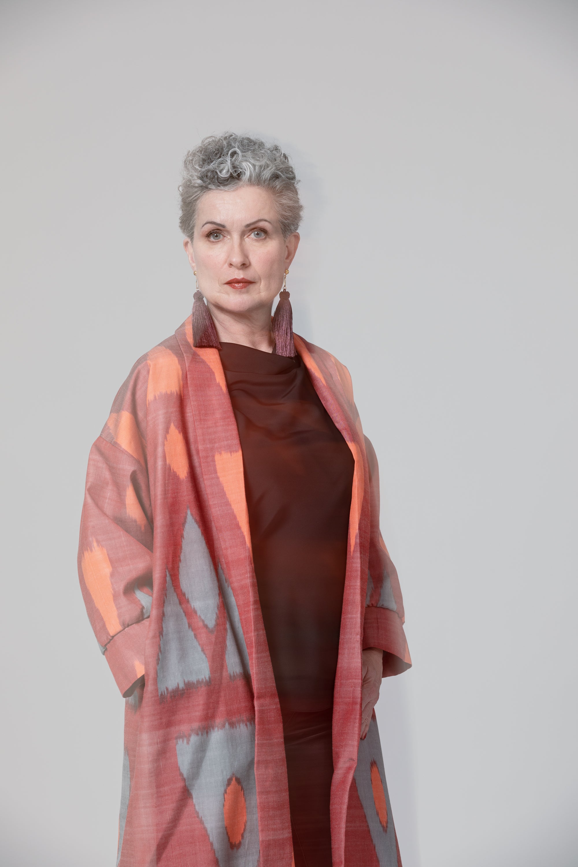 IKAT SILK OVERSIZE COAT Triangle Garnet