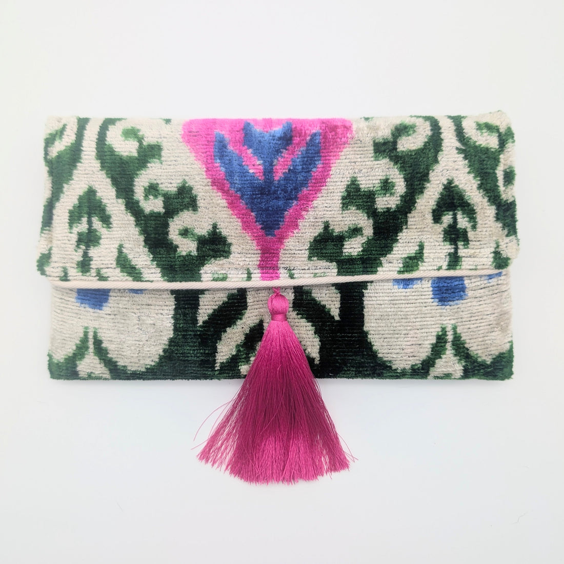 IKAT_VELVET_CLUTCH_ADELE_Green_Pink_White