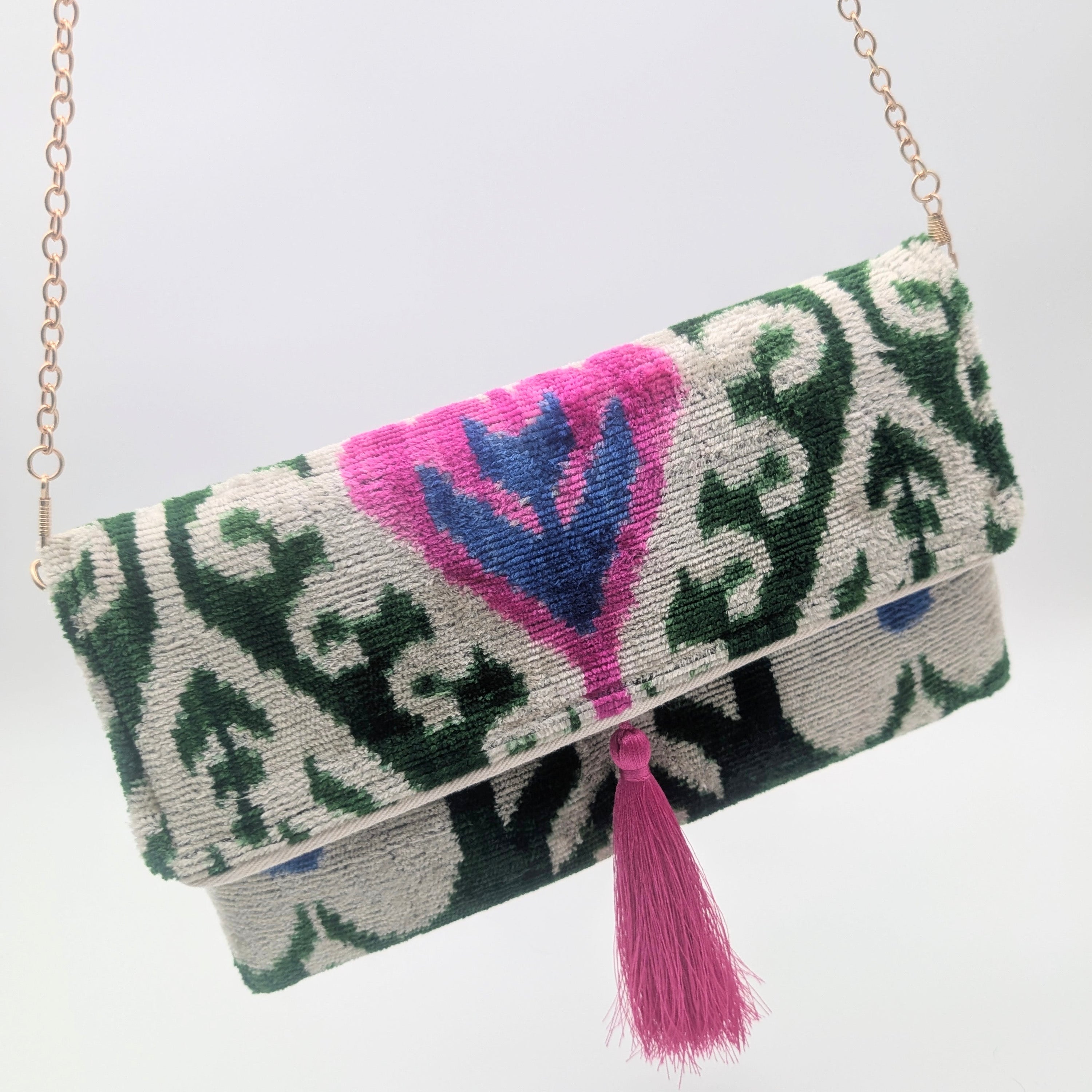 IKAT_VELVET_CLUTCH_ADELE_Green_Pink_White