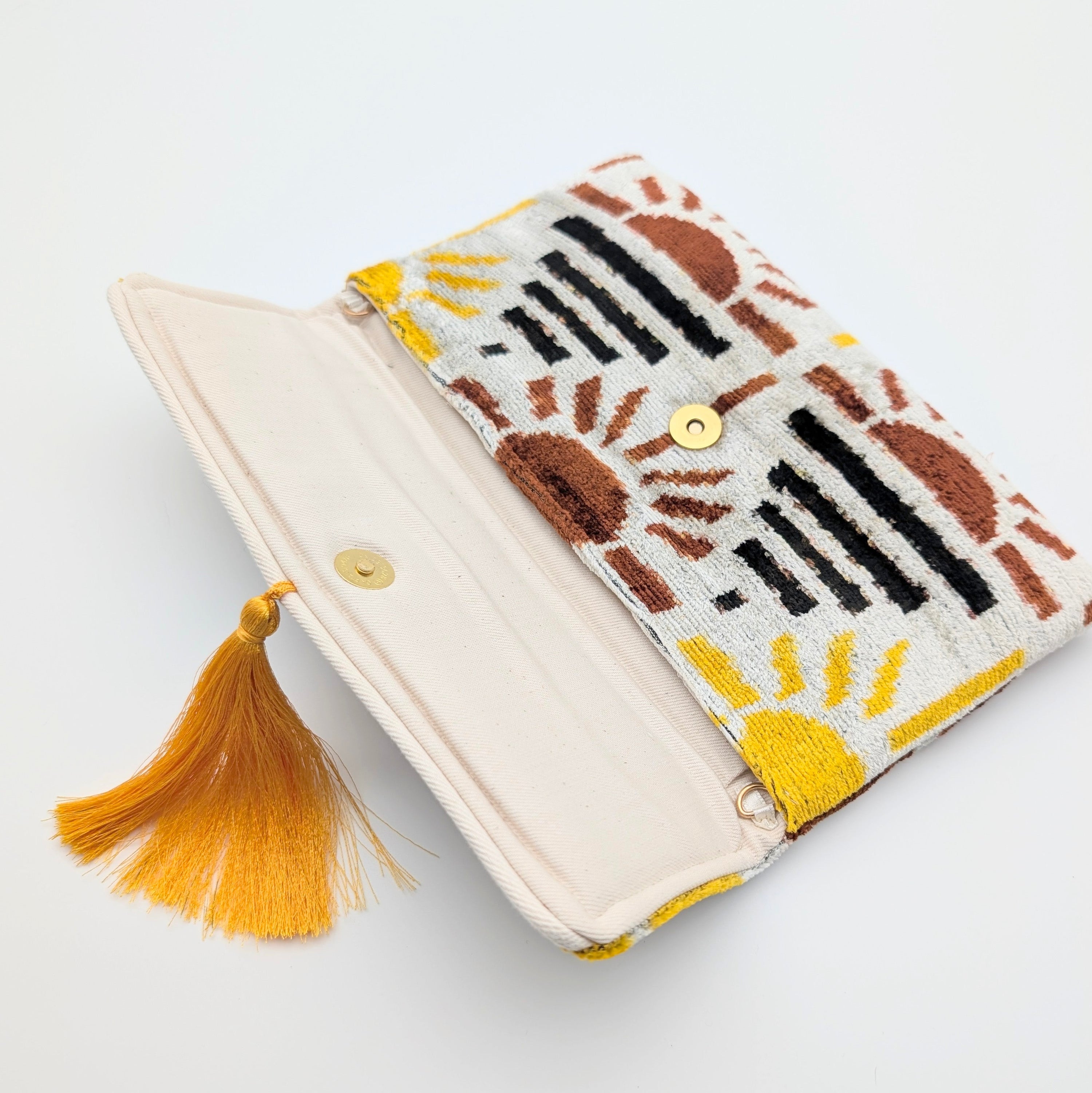 IKAT VELVET CLUTCH ANNE Yellow Brown Sun 