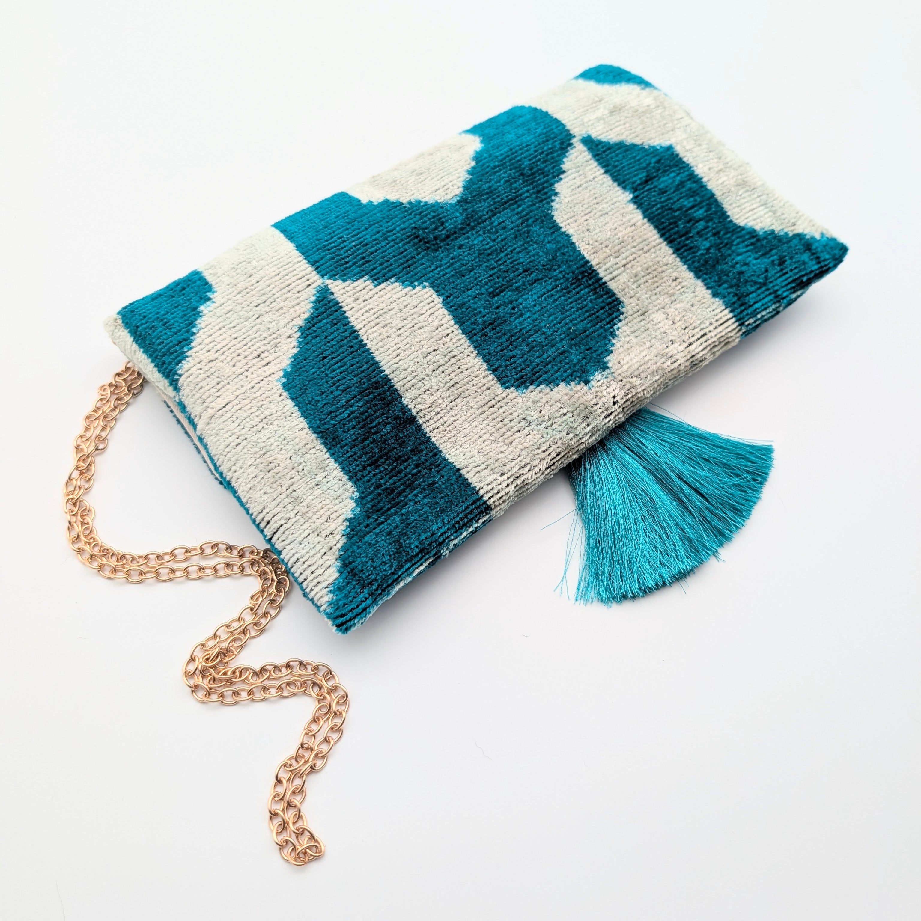 IKAT VELVET CLUTCH FLORENCE Petrol White Graphic 