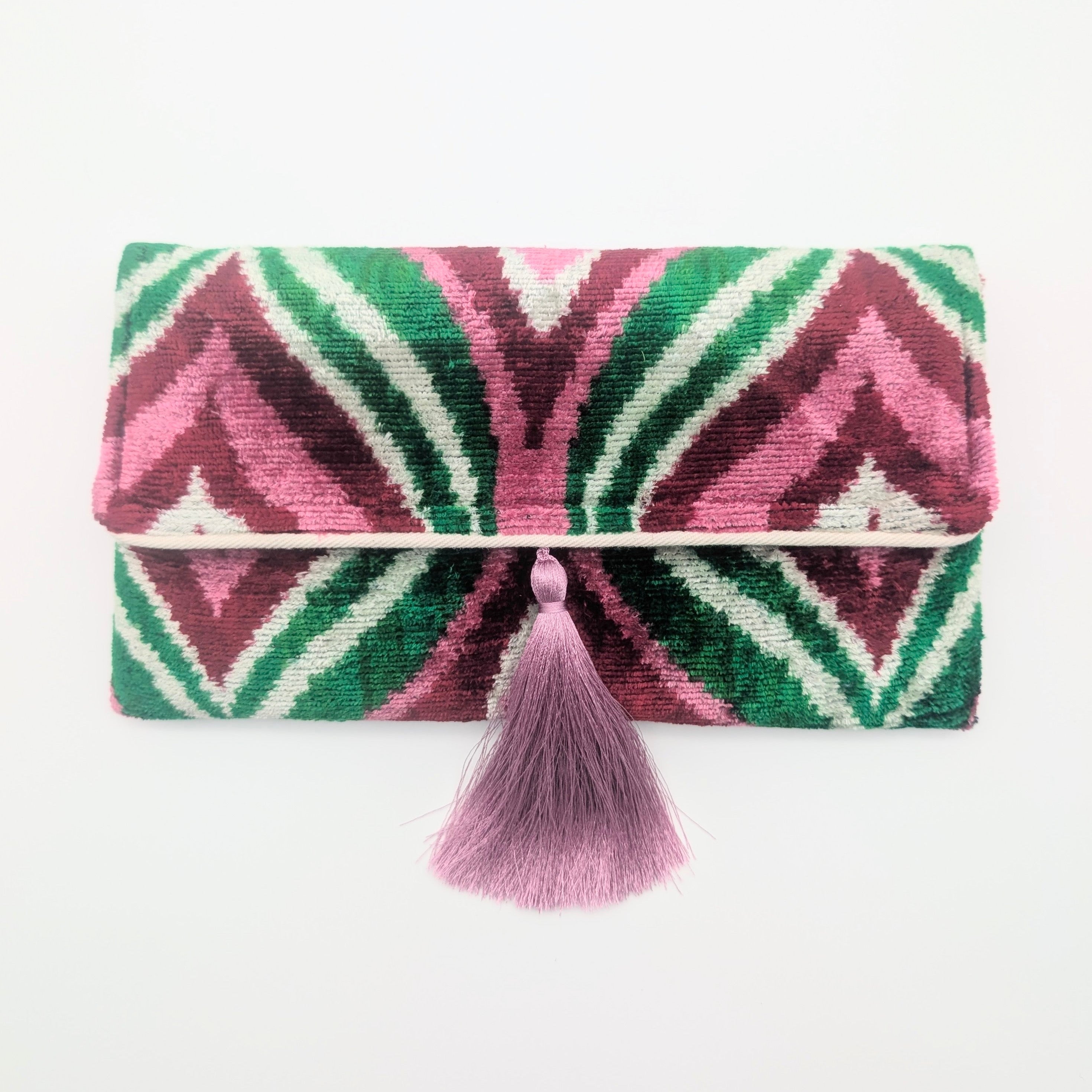 IKAT VELVET CLUTCH ISABEL Pink Green Burgundy 