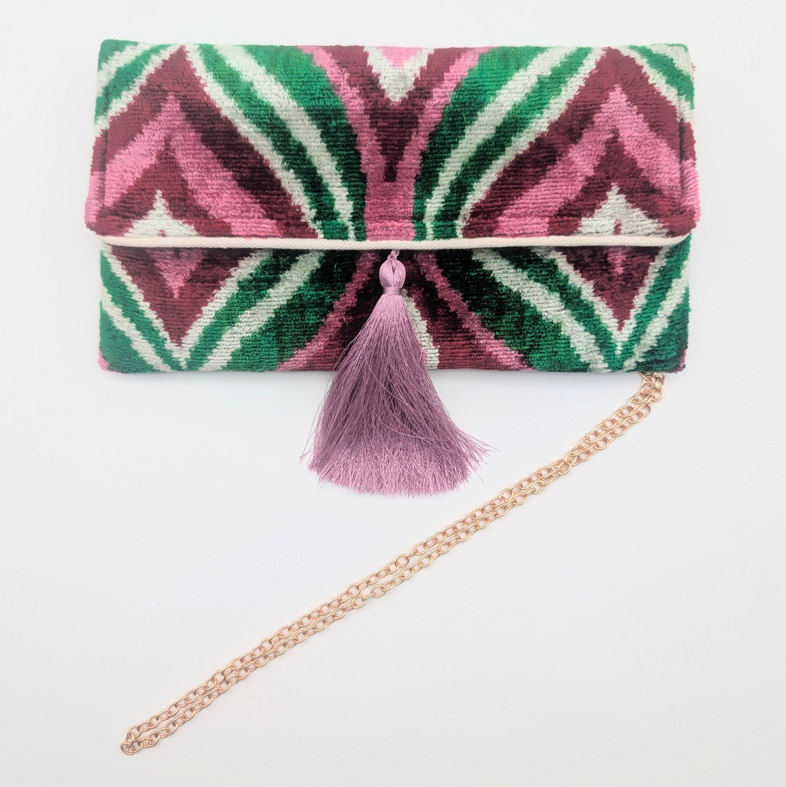 IKAT VELVET CLUTCH ISABEL Pink Green Burgundy 