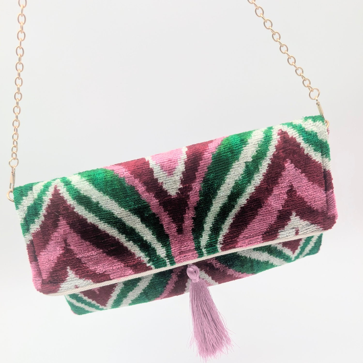 IKAT VELVET CLUTCH ISABEL Pink Green Burgundy 