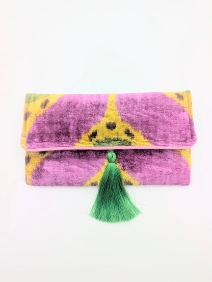 IKAT VELVET CLUTCH CAMILLE Pink Yellow