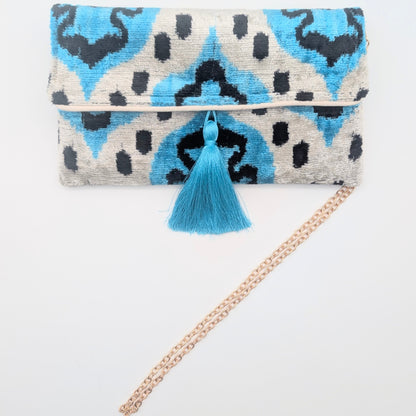 IKAT VELVET CLUTCH MARIE Blue White Black