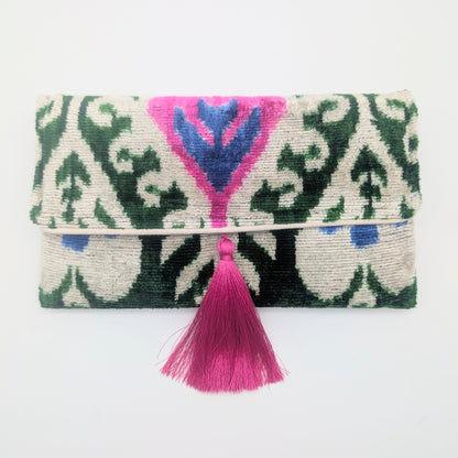 IKAT VELVET CLUTCH ADELE Green Pink White