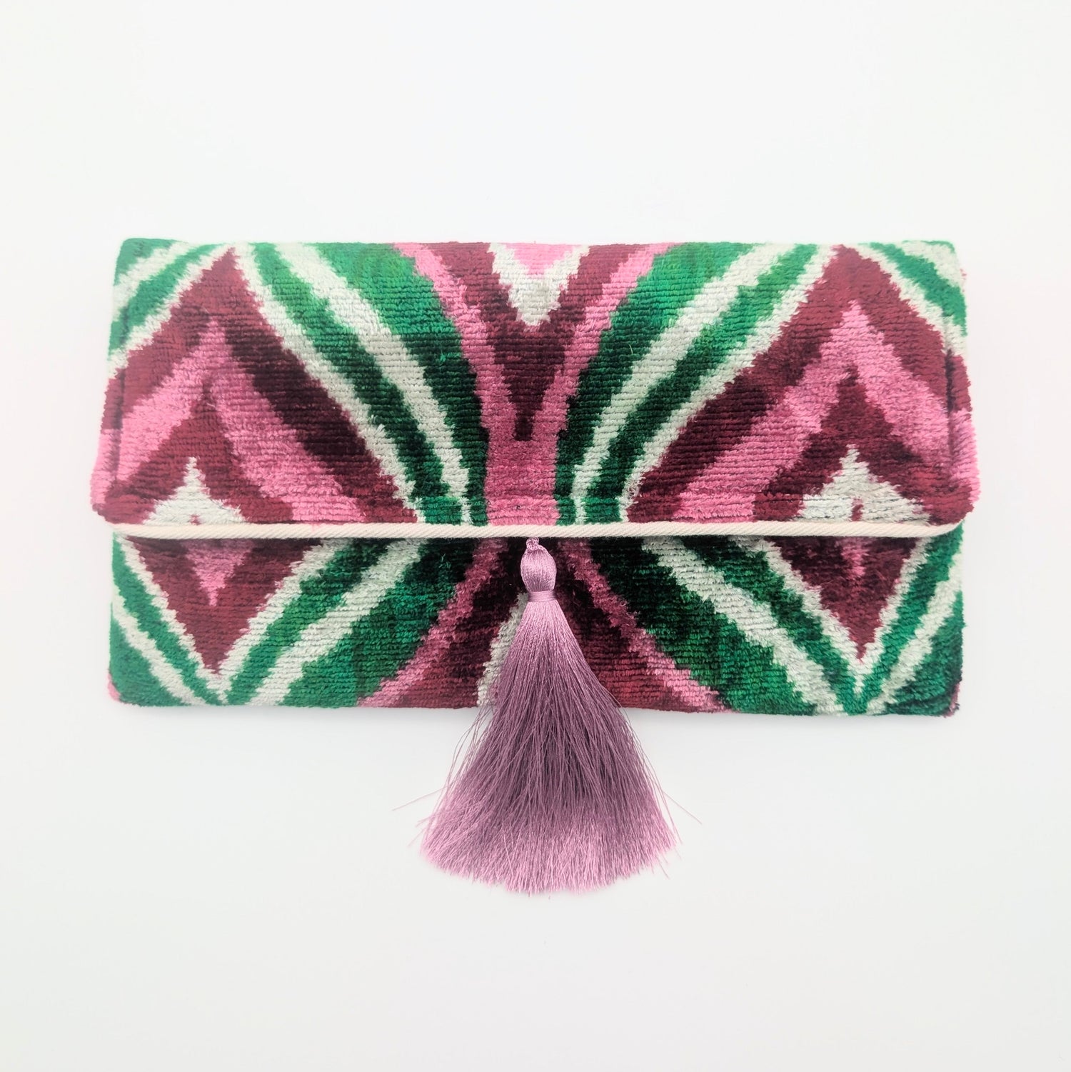 IKAT VELVET CLUTCH ISABEL Pink Green Burgundy