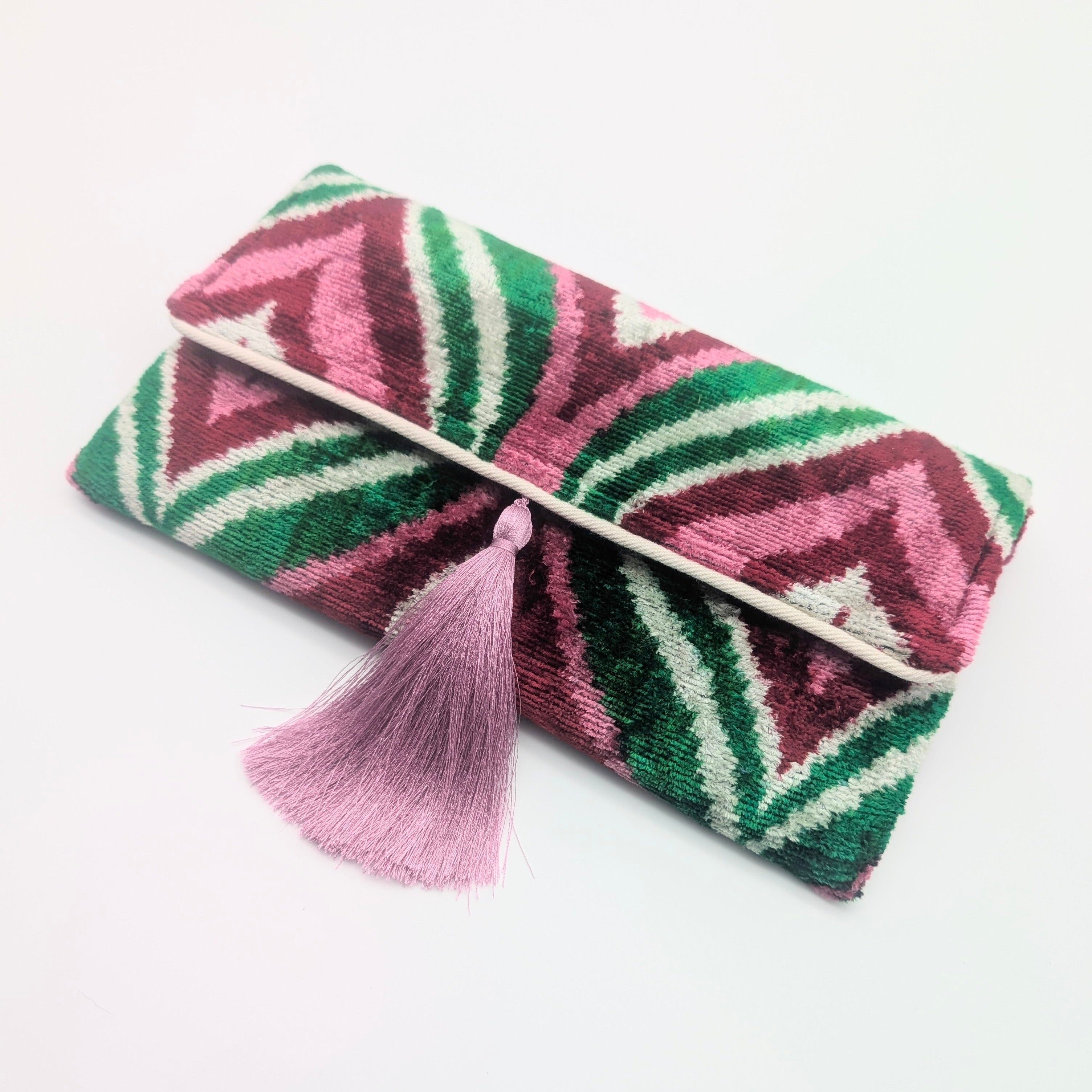 IKAT VELVET CLUTCH ISABEL Pink Green Burgundy