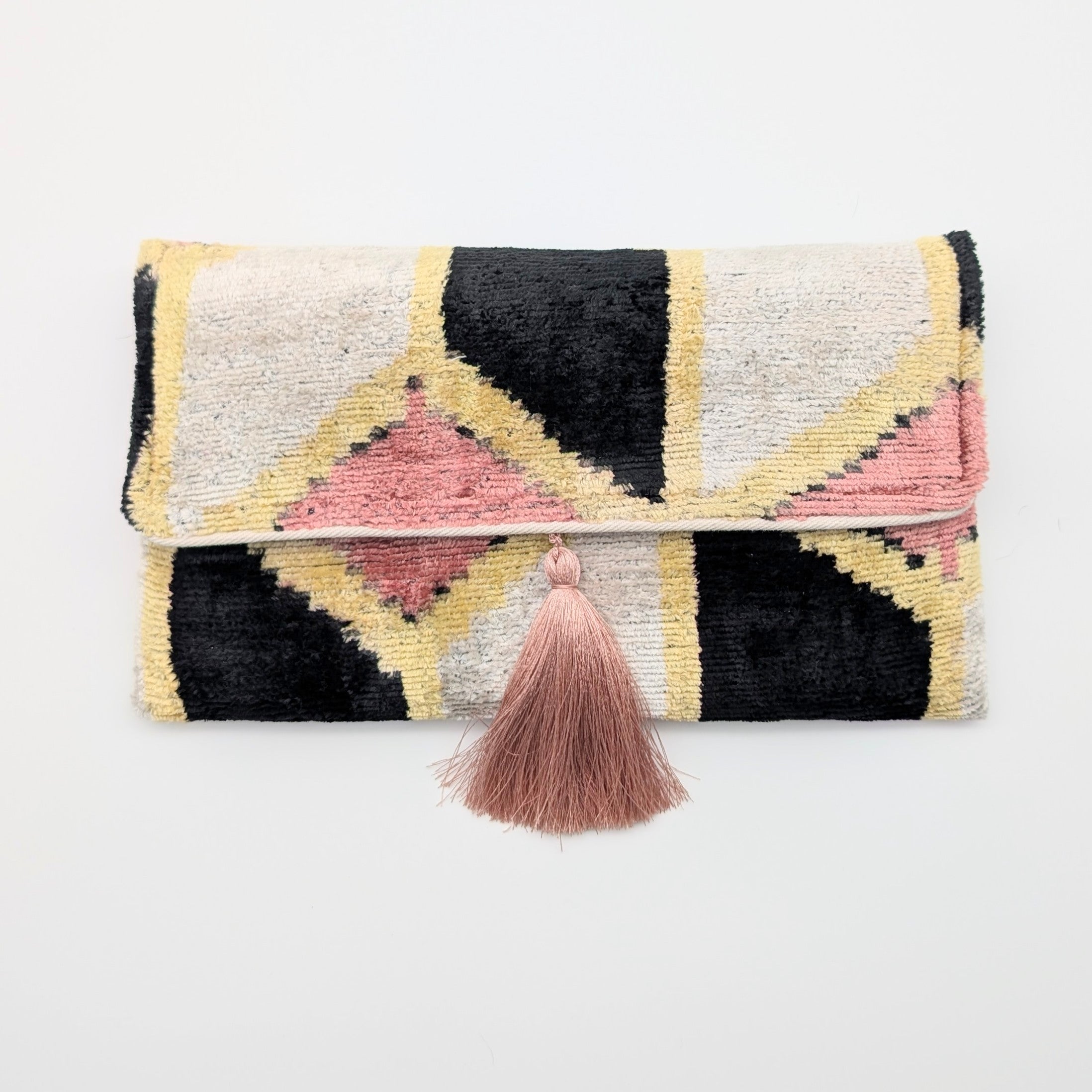 IKAT VELVET CLUTCH CARLA Powder Pink Black