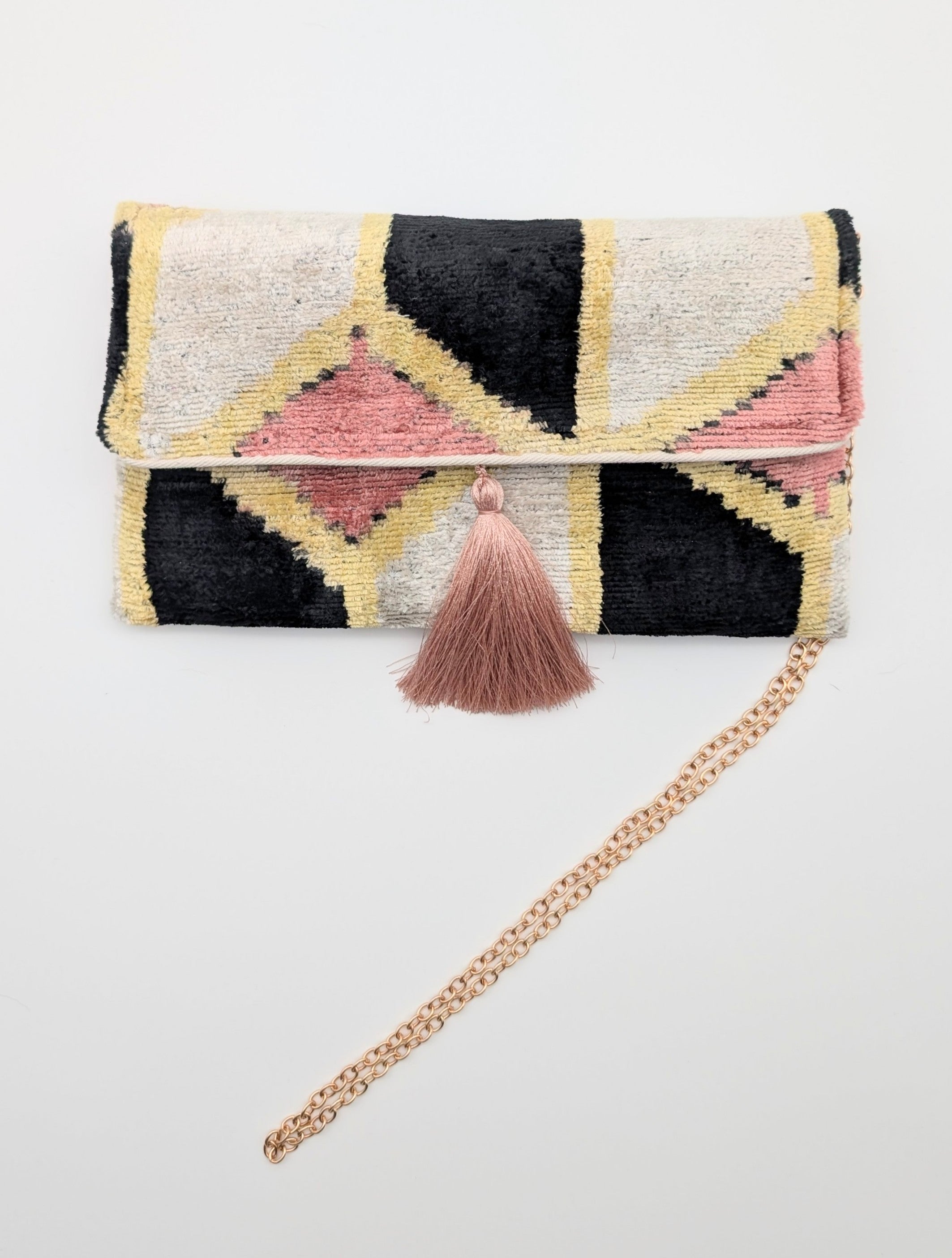 IKAT VELVET CLUTCH CARLA Powder Pink Black