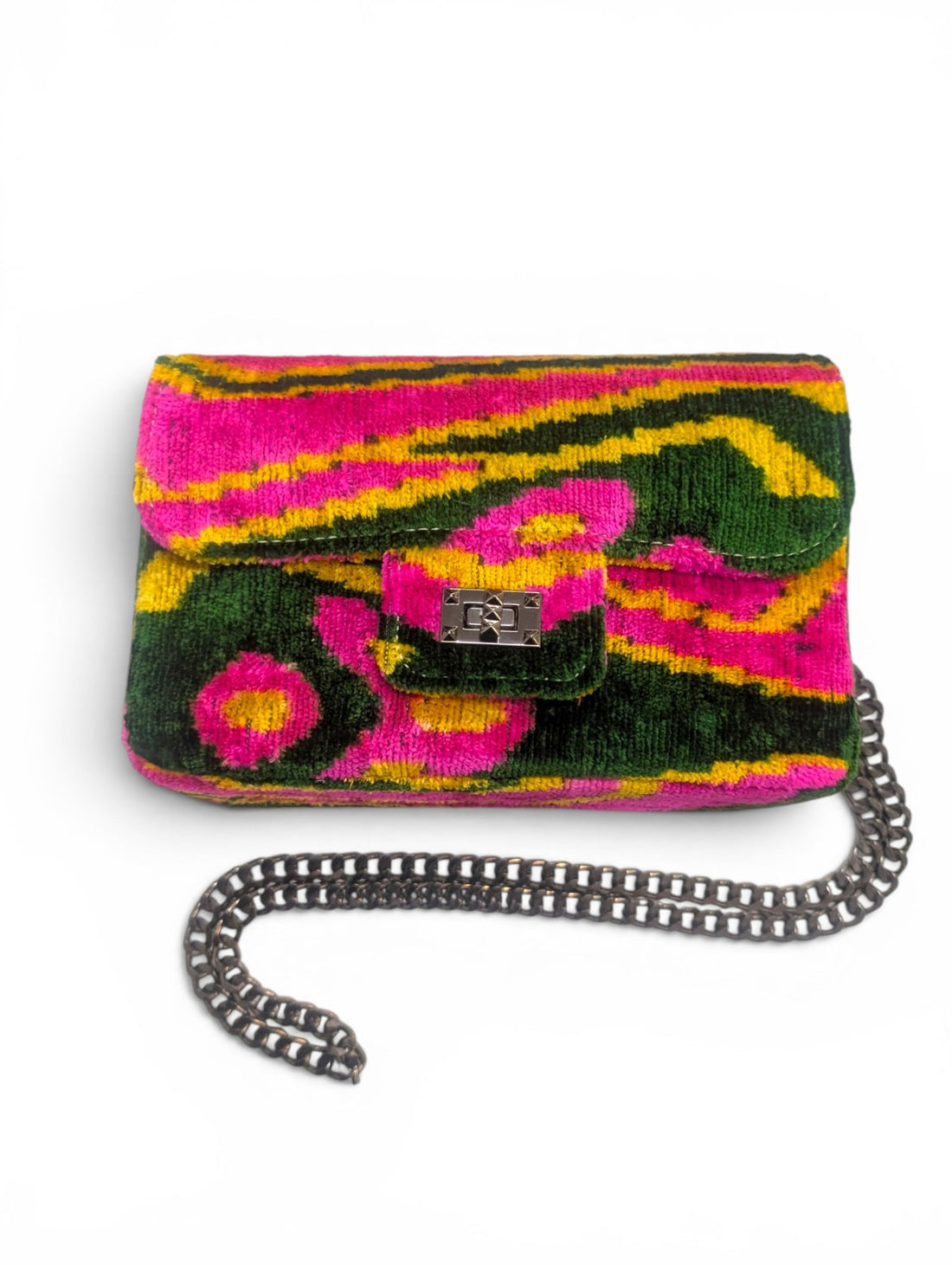 IKAT VELVET FLAP BAG AURELIE Pink Green Yellow