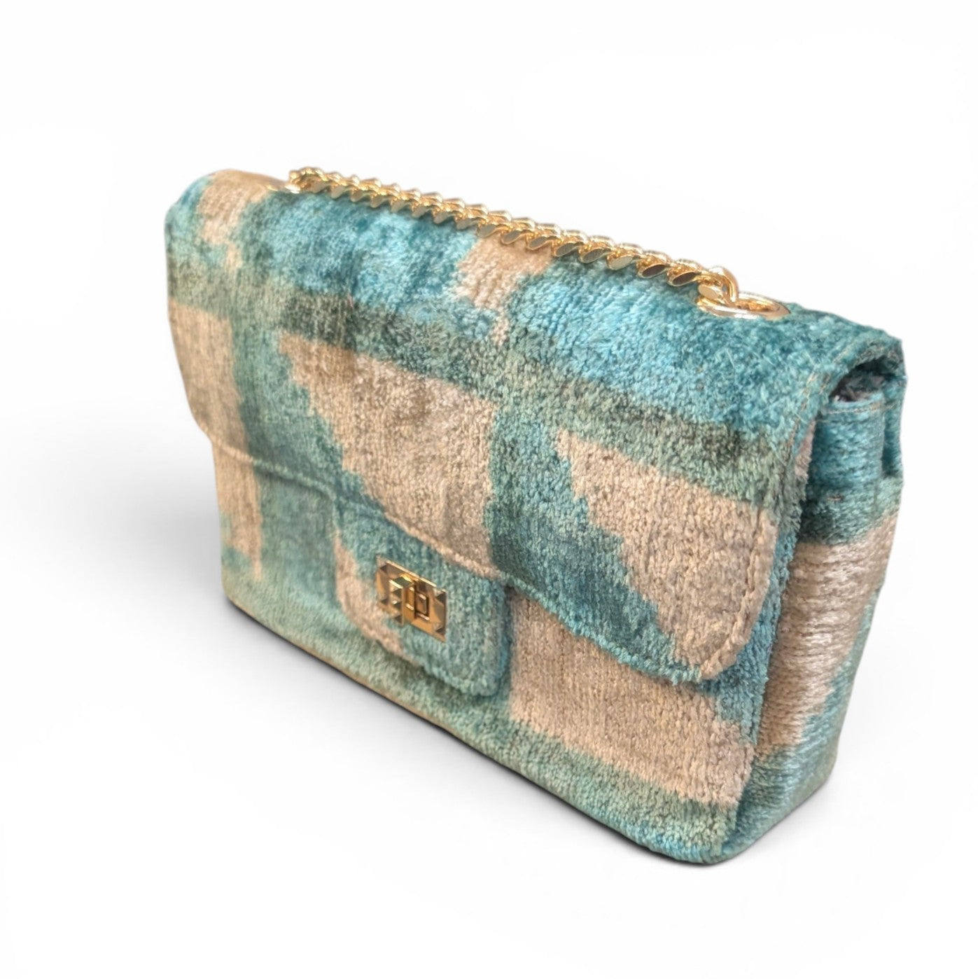 IKAT VELVET FLAP BAG VALENTINA Baby Blue Off-White