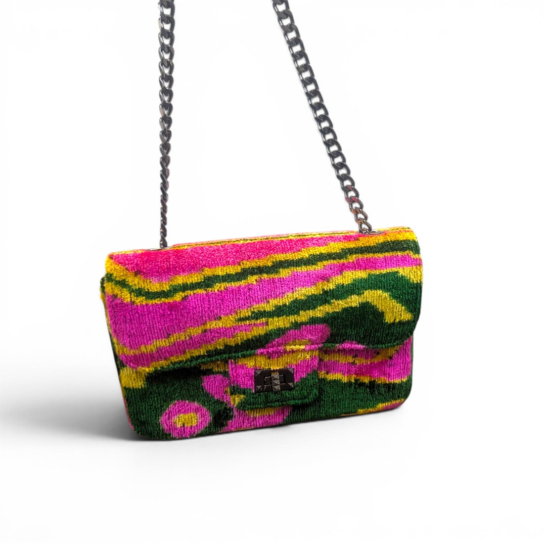 IKAT VELVET FLAP BAG AURELIE Pink Green Yellow