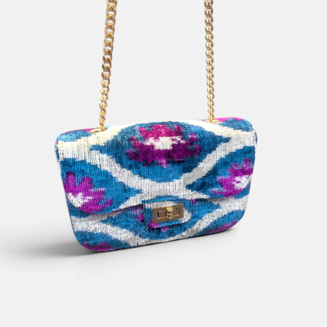 IKAT VELVET FLAP BAG ROMY Purple Blue Off-White