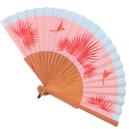 LE BAZAR INOUI BIRDY Handfächer mit Kolibri- und Palmenprint auf rosa Stoff und hellem Holzrahmen