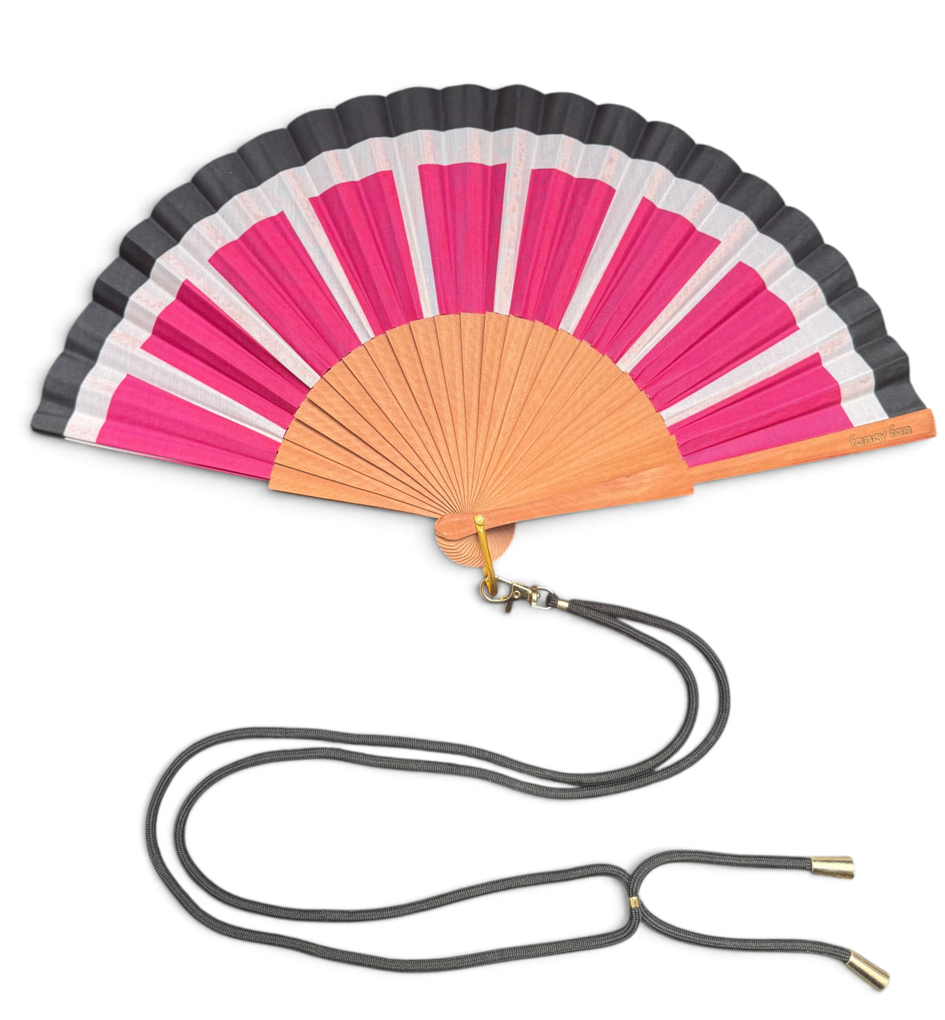 LE BAZAR INOUI SUN RAYS Handfächer mit pink-schwarz-weißem Muster, Holzrahmen und praktischem Umhängeband.
