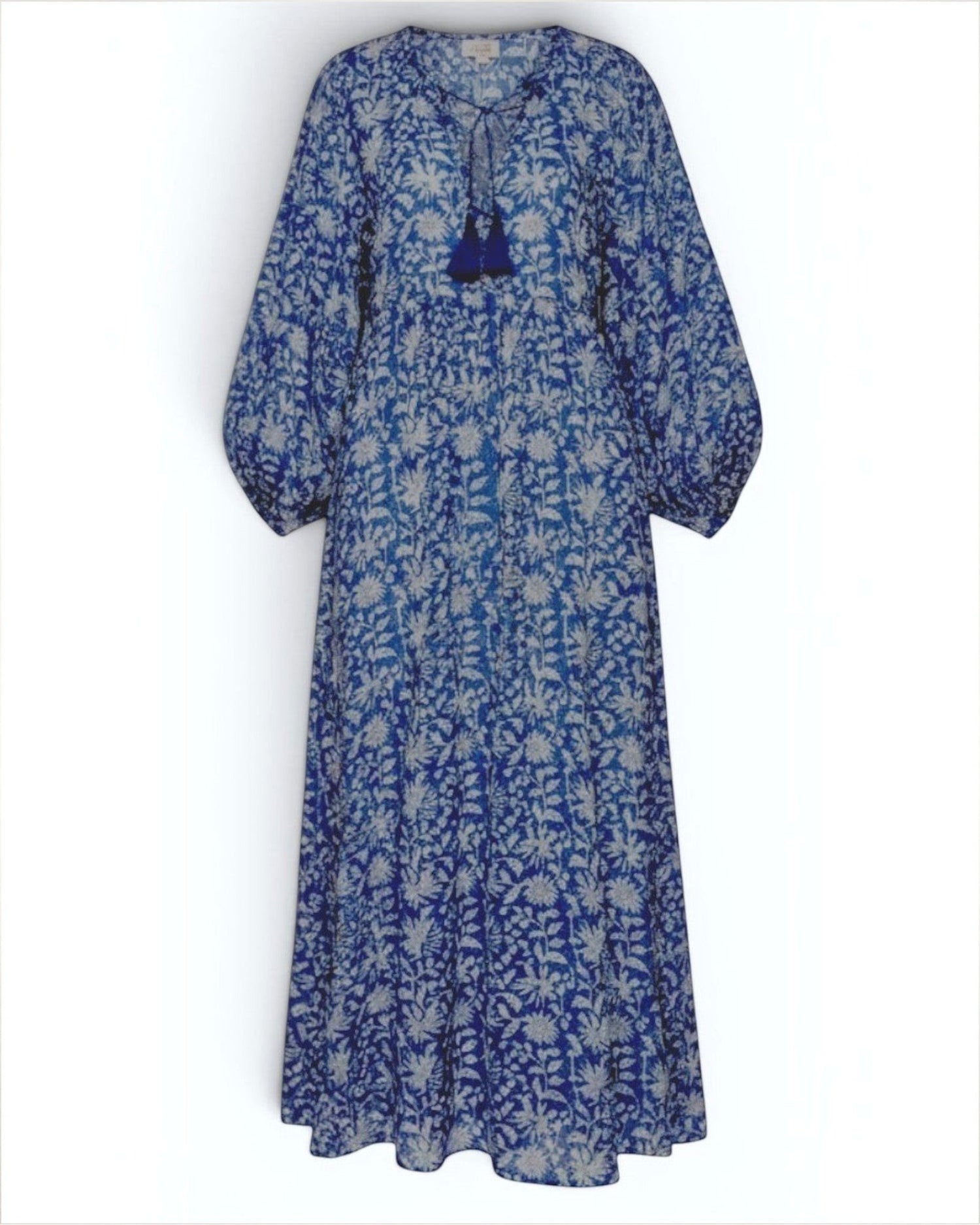 LE BAZAR INOUI Maxikleid Hannah in Indigo Blau aus leichter Baumwolle mit indischem Blockprint und 3/4-Ärmeln.