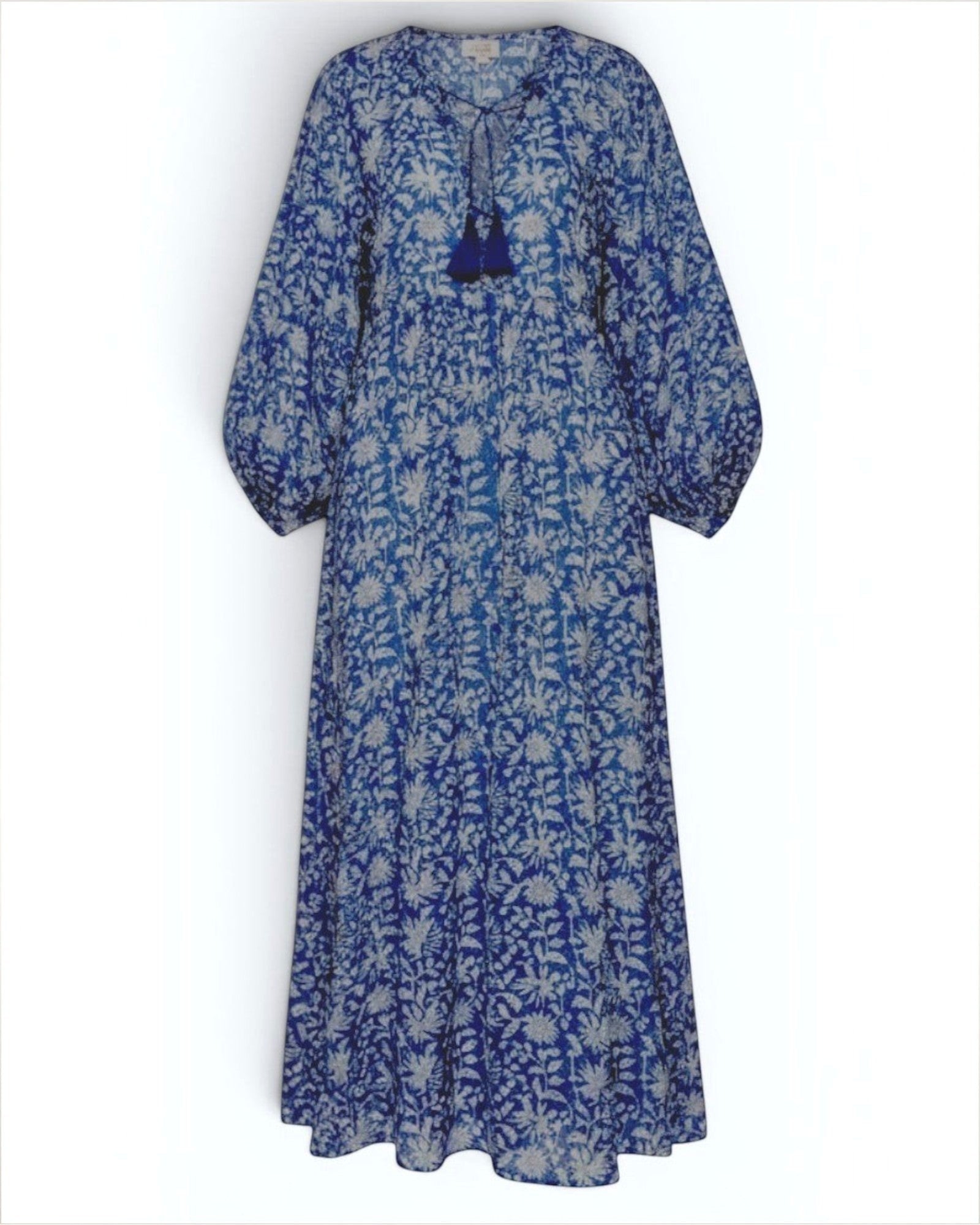 LE BAZAR INOUI Maxikleid Hannah in Indigo Blau aus leichter Baumwolle mit indischem Blockprint und 3/4-Ärmeln.