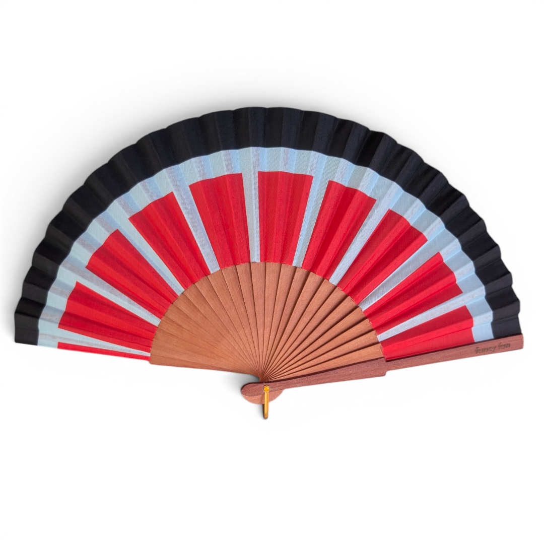 LE BAZAR INOUI SUNRAY Handfächer mit rot-schwarz-blauem Streifenmuster und braunem Holzgestell